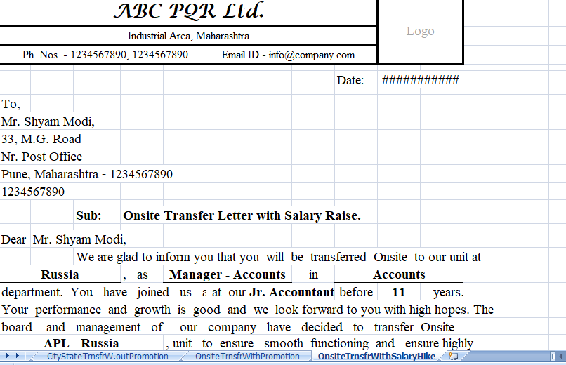 Employee Transfer Letter excel template for free
