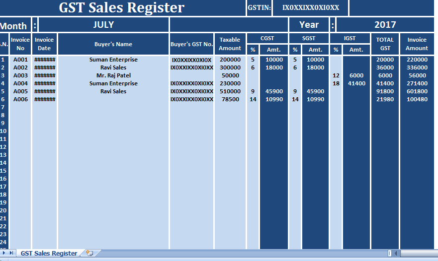 GST Sales Register excel template for free.