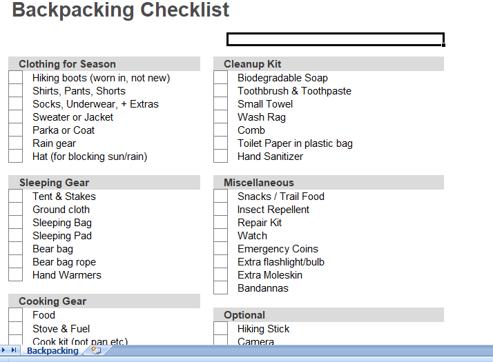 Backpacking Checklist excel template for free