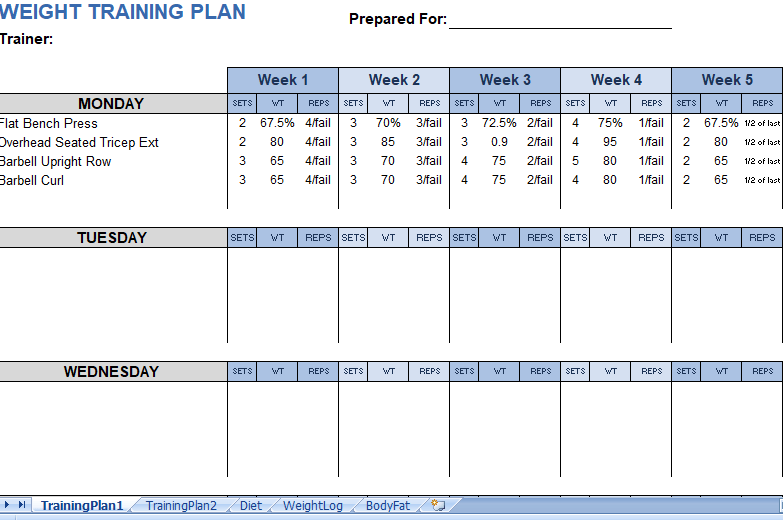 Weight Training Plan excel template for free