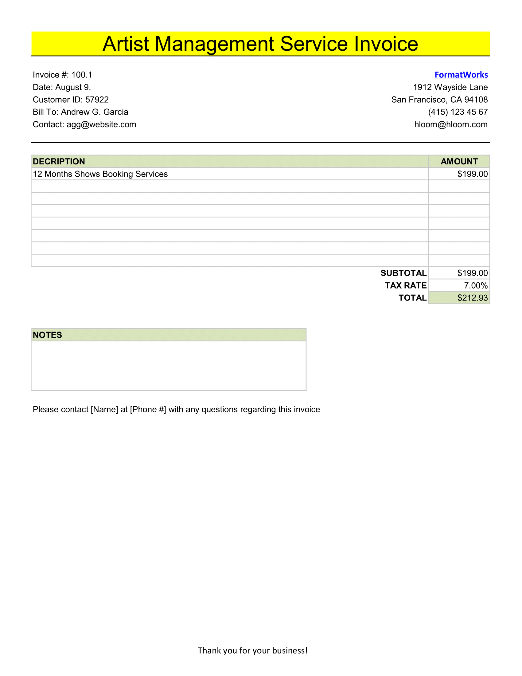 Artist Management Services Invoice Template in Excel