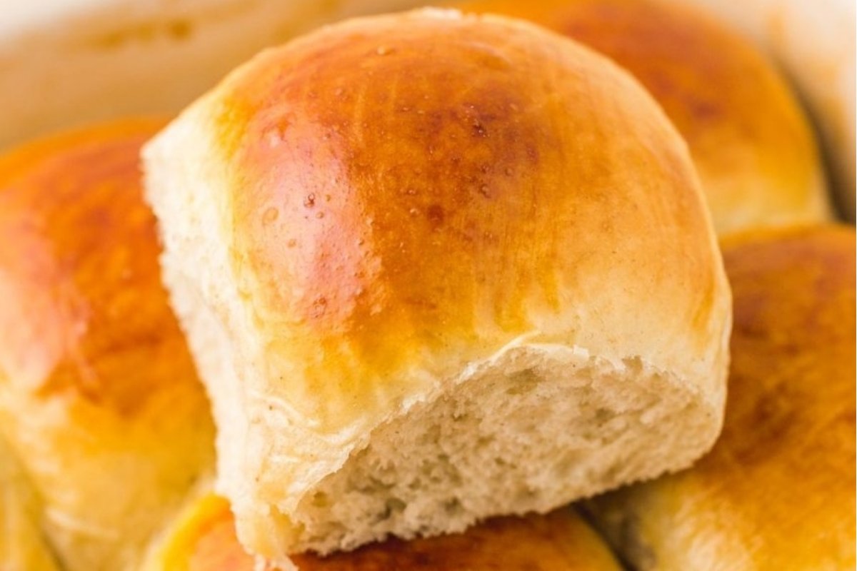 Bread roll recipes in a white baking dish.