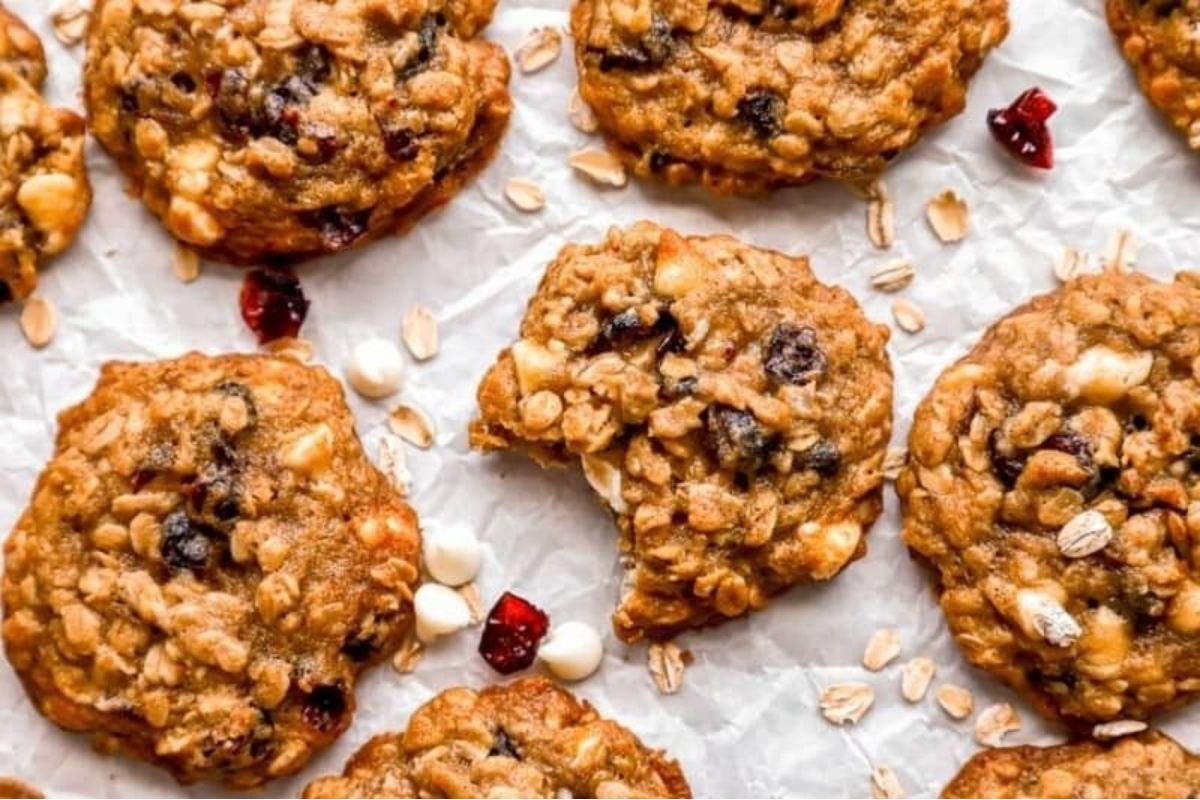 A group of delicious cookies on a white surface.