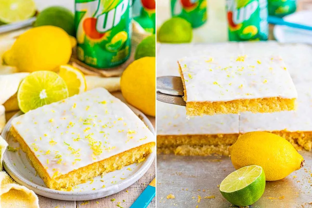 Lemon-lime soda and citrus fruits on the left, with a slice of lemon-lime flavored cake topped with icing and zest on the right, perfect for church potluck desserts.