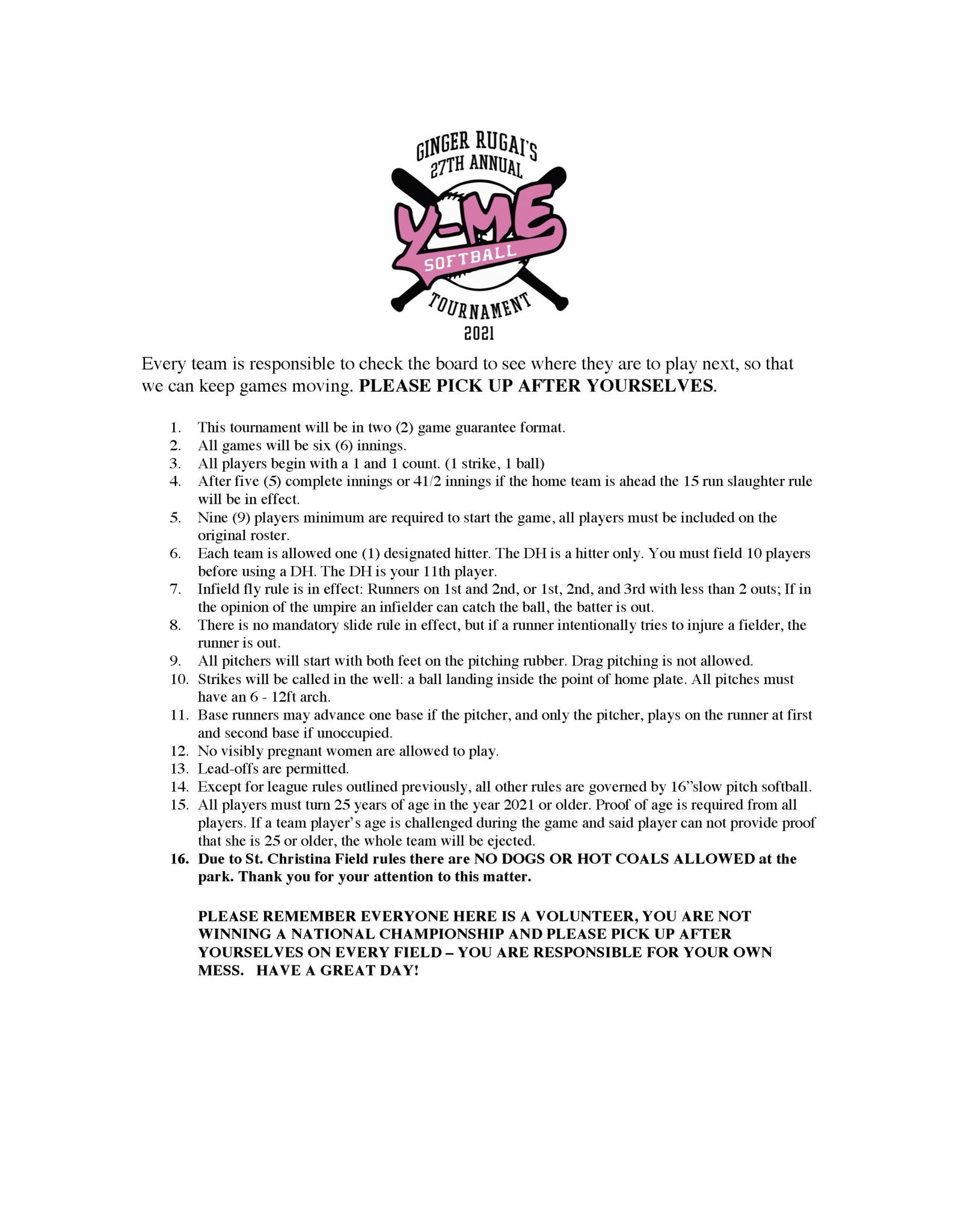 Tournament Rules YMe Softball