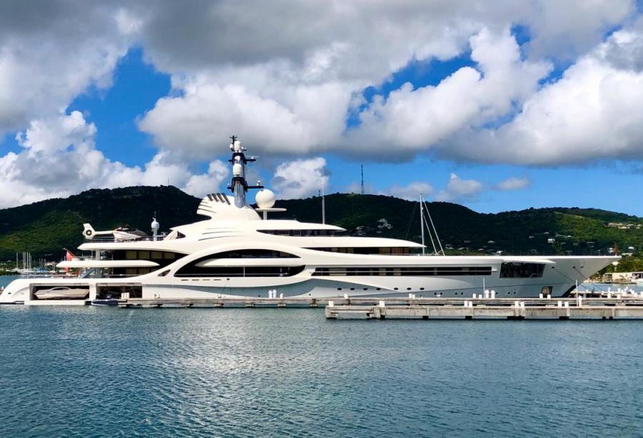 110m Feadship superyacht Anna lowering tenders in Antigua Yacht Harbour