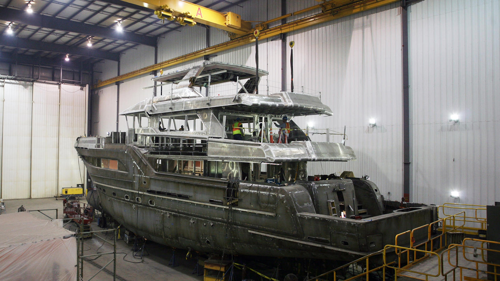 Burger Boat Project Northland hull and superstructure joined Yacht Harbour