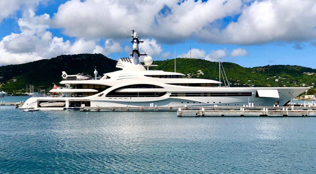 110m Feadship superyacht Anna lowering tenders in Antigua Yacht Harbour