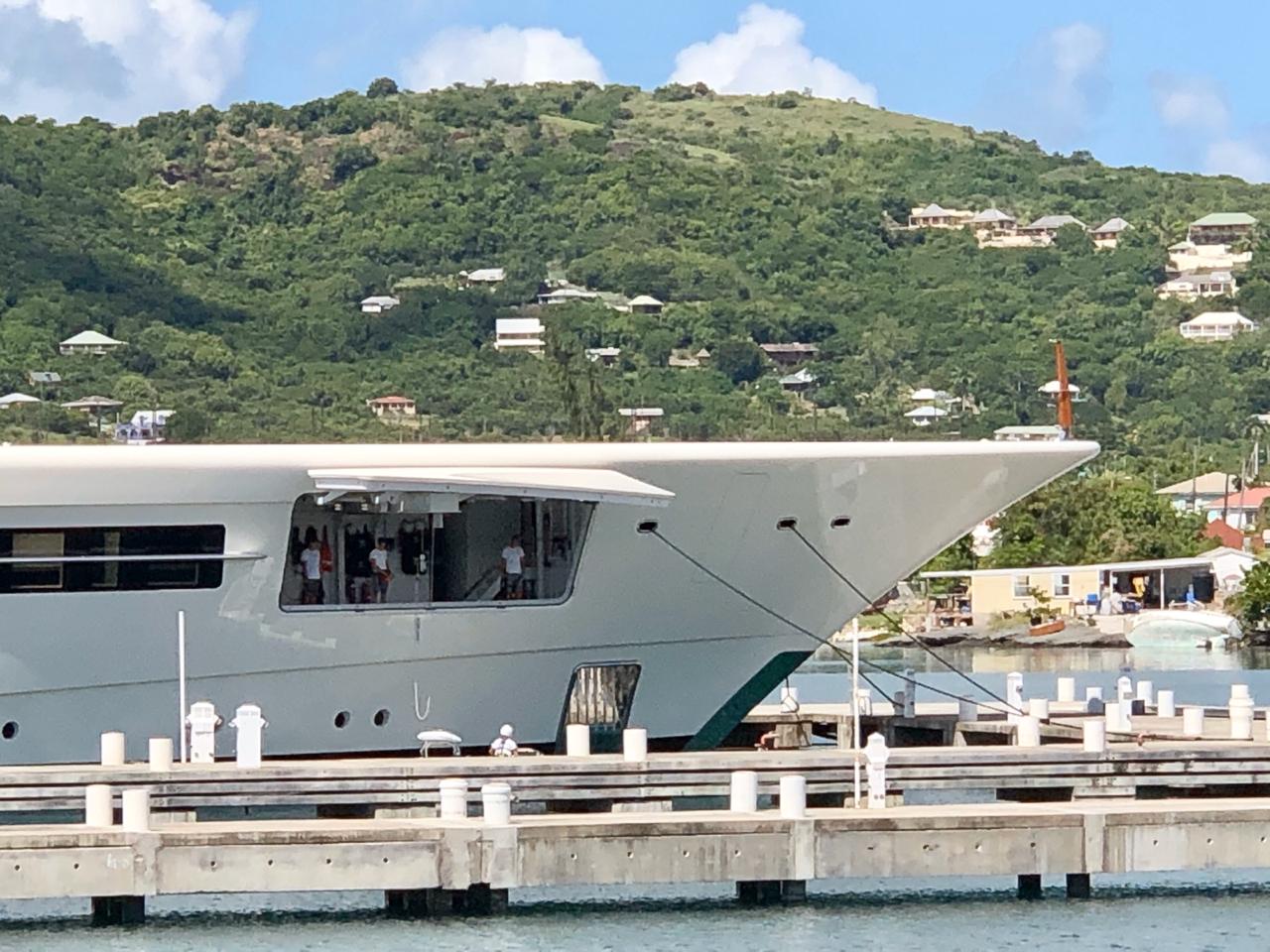 110m Feadship superyacht Anna lowering tenders in Antigua Yacht Harbour