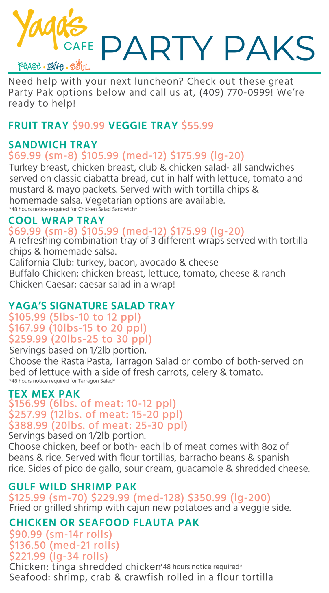 Yaga's Party Pak Menu