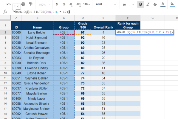 Returns the rank of a number in a list of . Google Sheets Get The Top 2 Grades For Each Group In A Spreadsheet Using Rank And Filter Yagisanatode