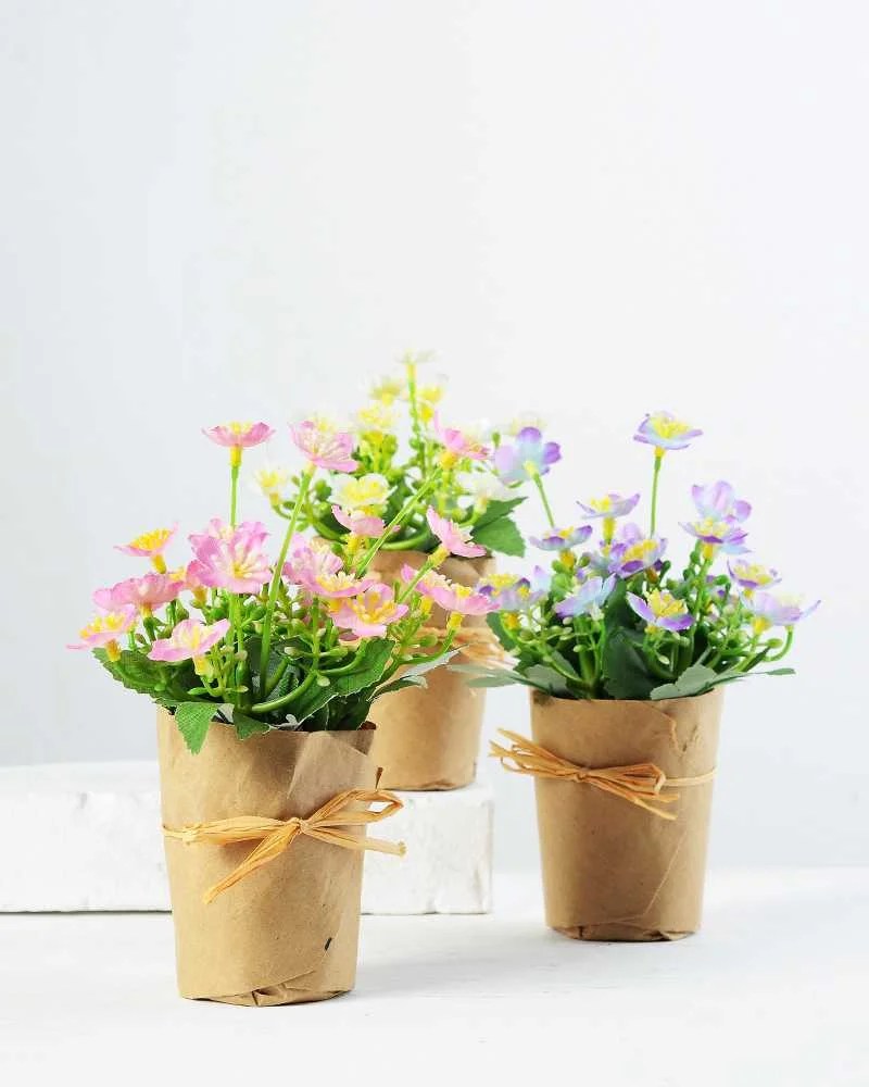 16cm Mini Silk Flower in Paper wrap pot Silk Flowers Factory