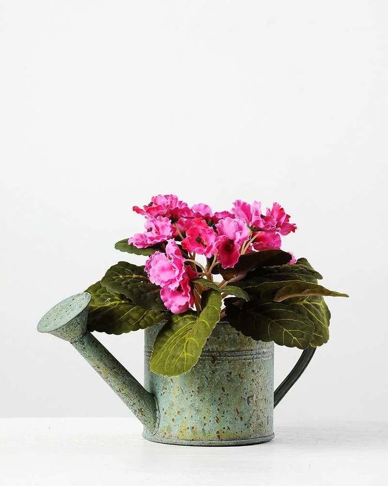 19cm Violet Silk Flower in Metal Watering Can Silk Flowers Factory