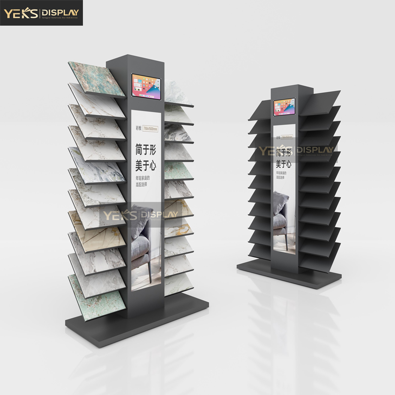 Double row displaying marbles ceramic tile stands with lightbox Yeks