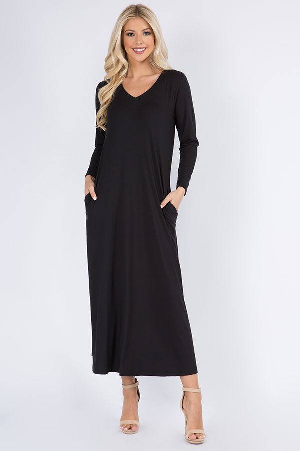 Women's VNeck Maxi Dress with Pockets Wholesale
