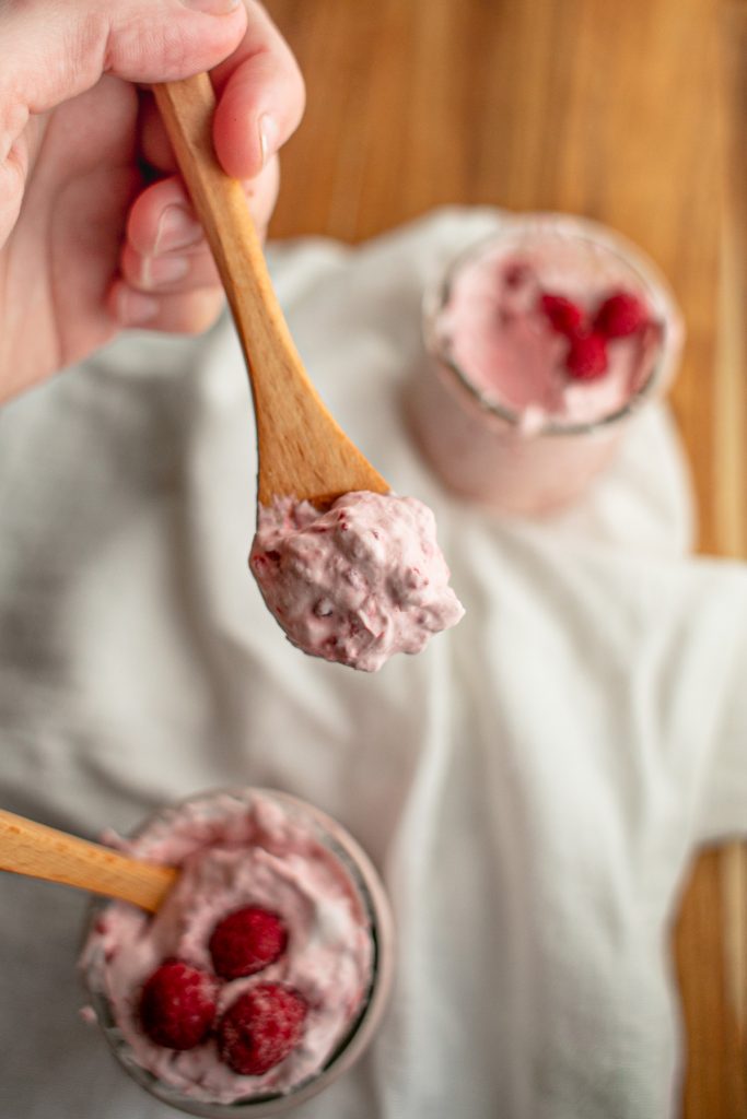 3Ingredient Keto Raspberry Mousse Yellow Glass Dish GF THMS