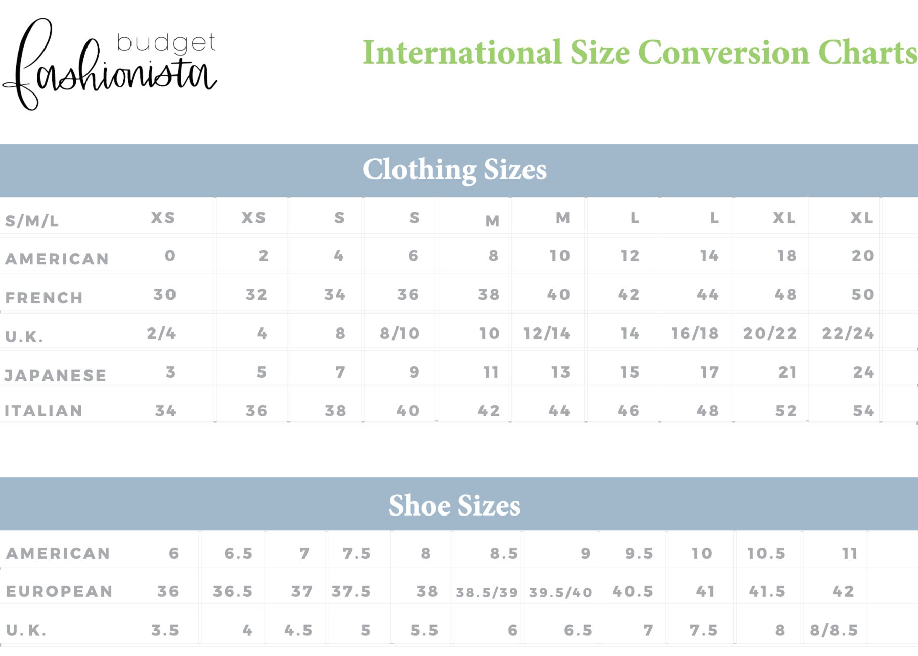 International size conversion chart clothes and shoes - Ygraph