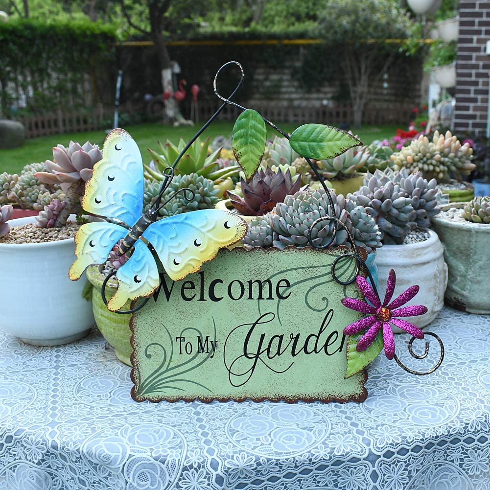 Vintage Metal Garden Sign with Butterfly YK Decor
