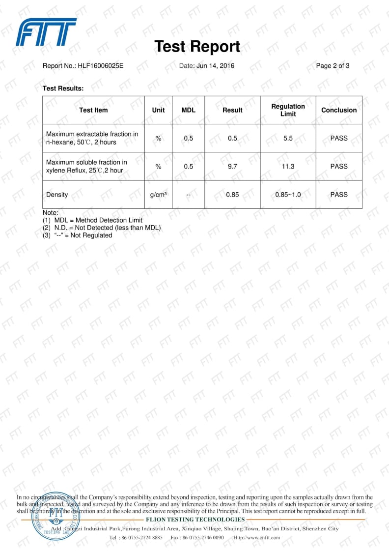 Certificate of FDA Food grade report Premium Flexible Packaging Bag