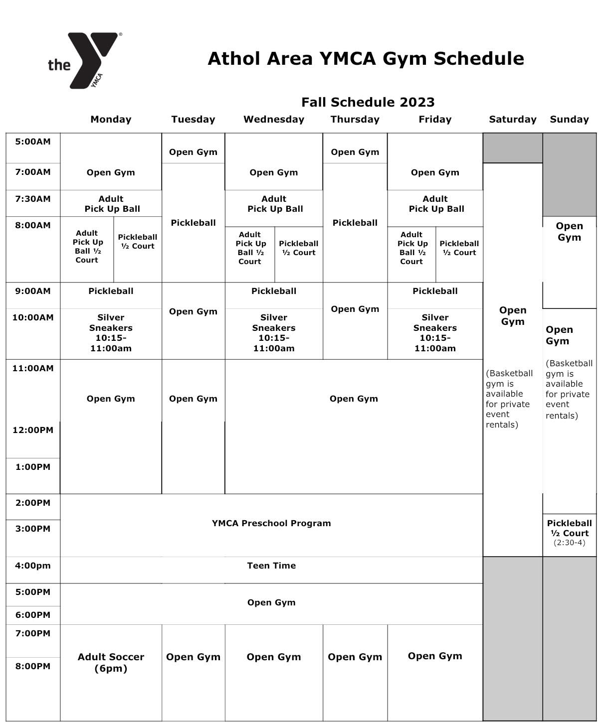 Gymnasium Schedule Athol Area YMCA