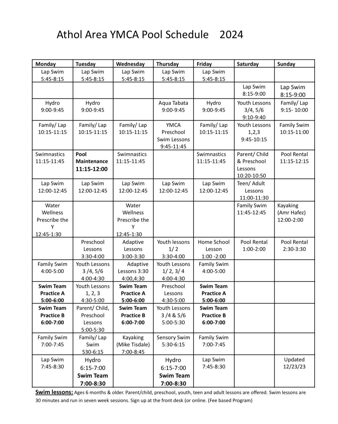 Pool Schedule Athol Area YMCA