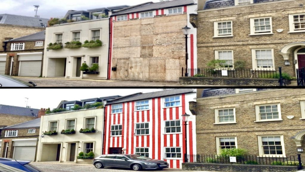 Red Striped House Covered Up candy stripes hidden by boarding