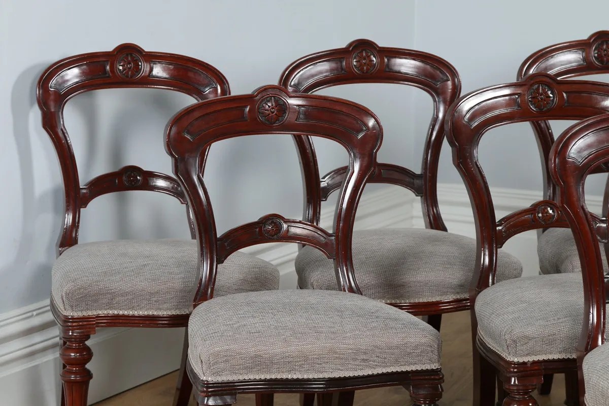 Antique Victorian Set of 12 Mahogany Carved Upholstered Dining Chairs