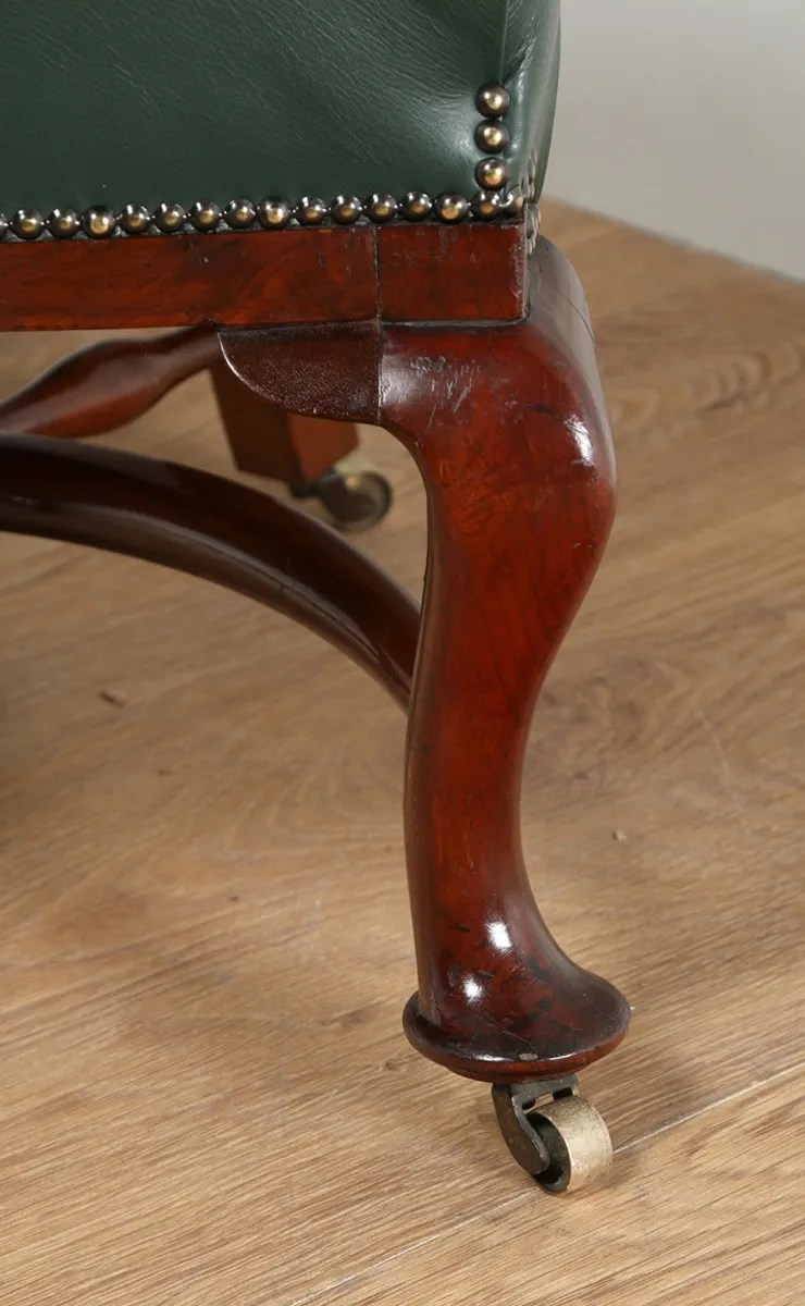 Antique Victorian Mahogany Green Leather Office Desk Chair (Circa 1890