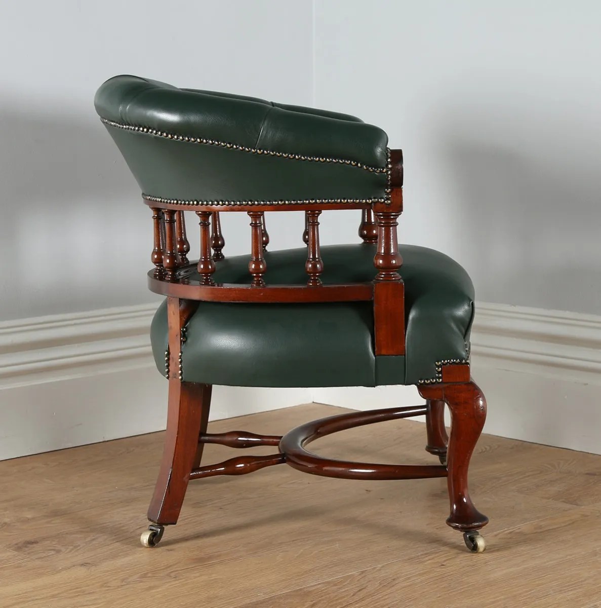 Antique Victorian Mahogany Green Leather Office Desk Chair (Circa 1890