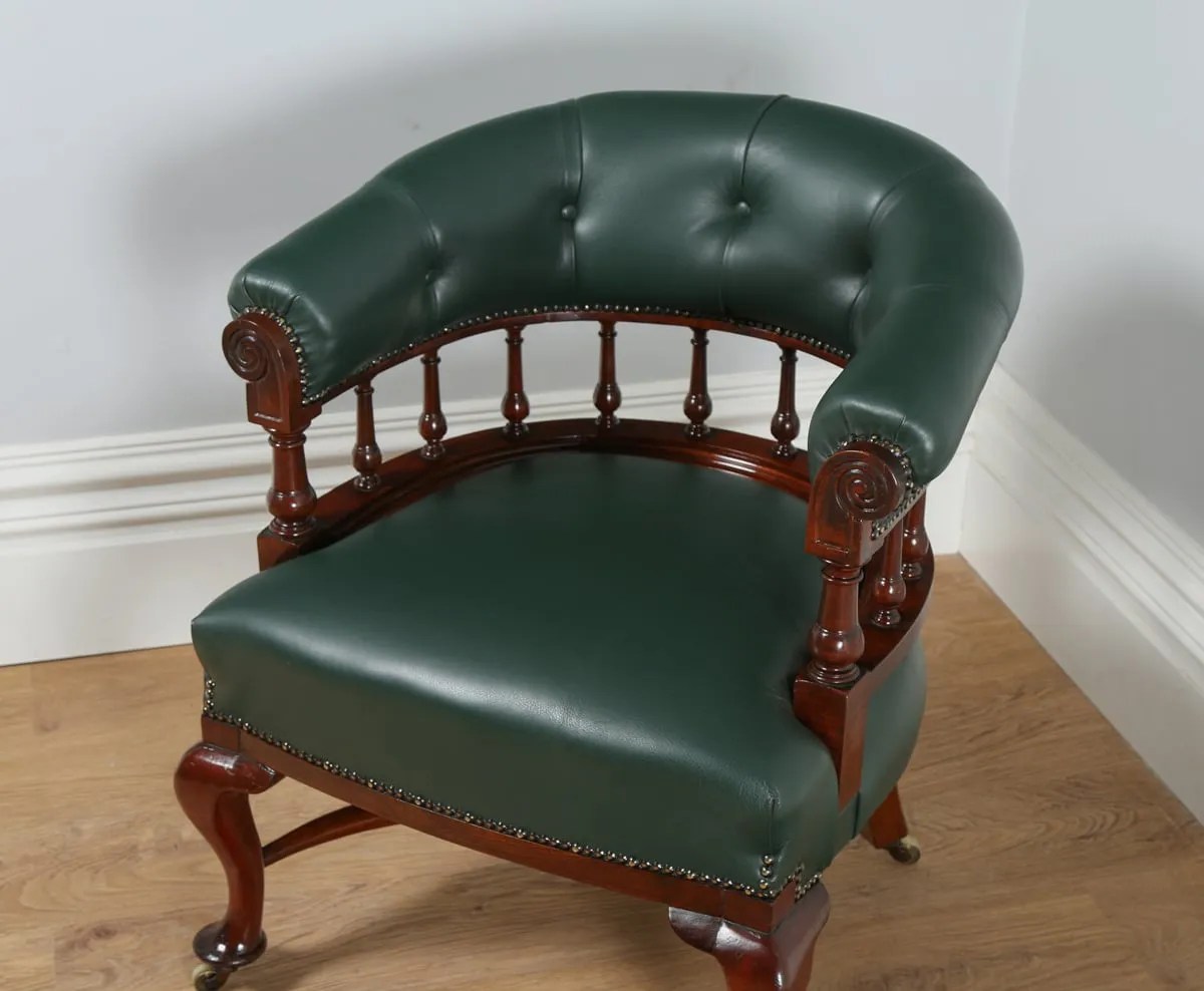 Antique Victorian Mahogany Green Leather Office Desk Chair (Circa 1890