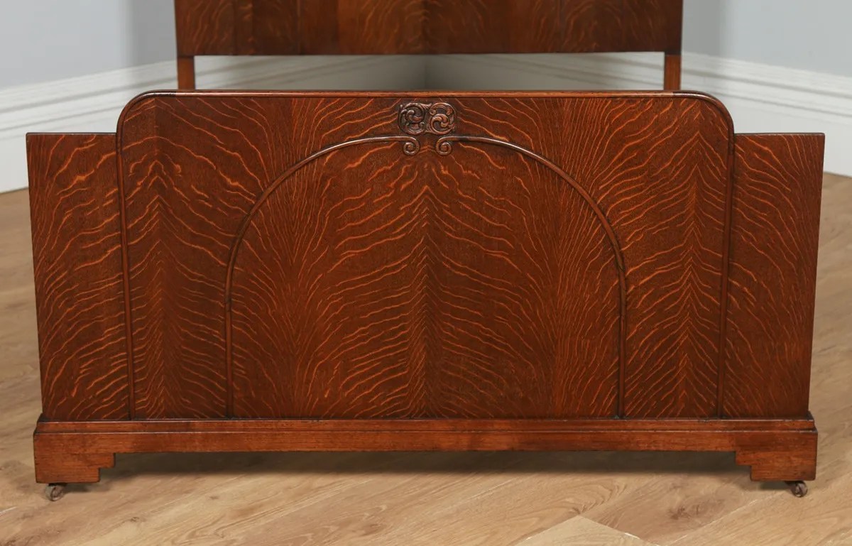 Antique English Art Deco Carved Oak 4ft 6” Double Size Bed With Sprung
