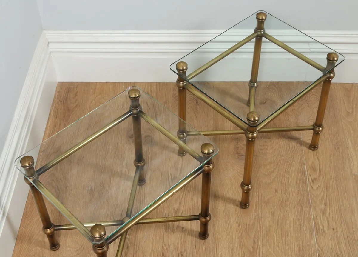 Vintage Pair of Art Deco Style Brass & Glass Side Tables (Circa 1970