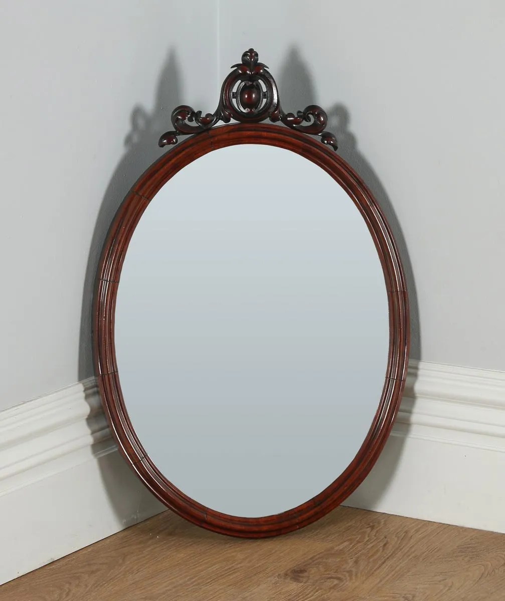 Antique English Victorian Mahogany Oval Wall Portrait Mirror (Circa