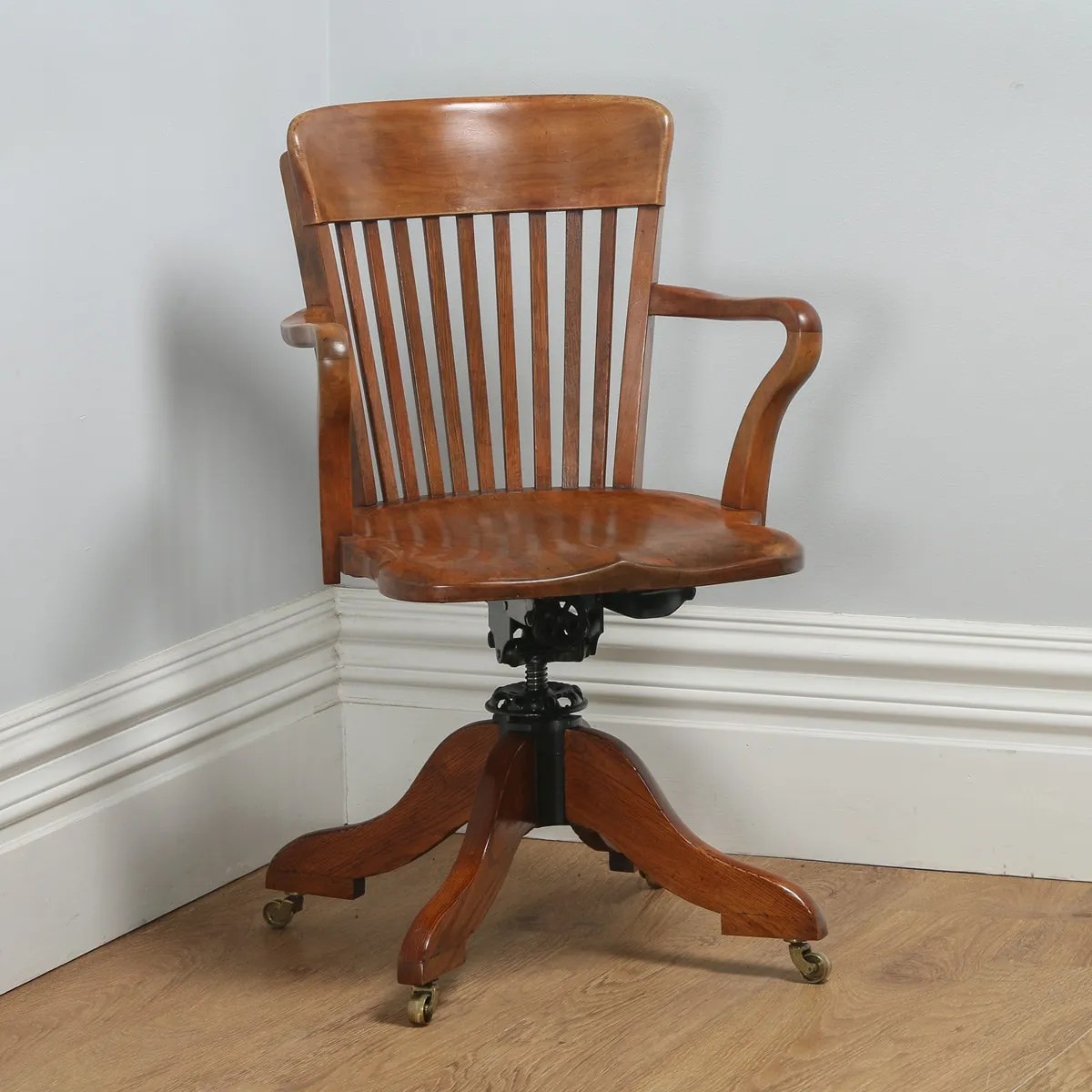 Antique Edwardian Oak & Birch Revolving Swivel Captain’s Office Desk
