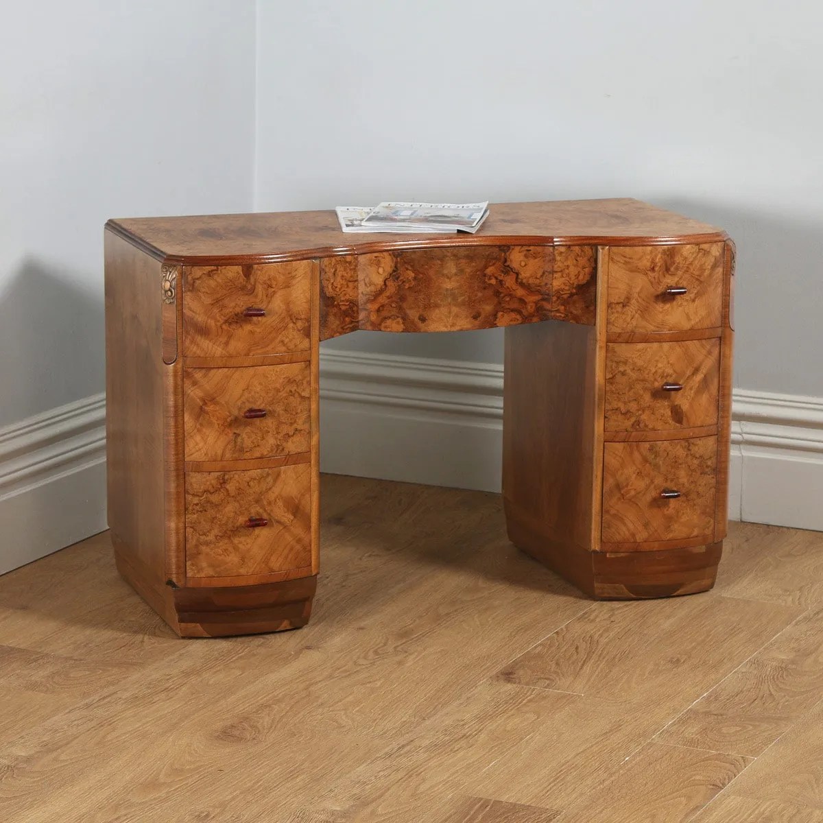 Antique English Art Deco Burr Walnut Serpentine Office Desk (Circa 1930