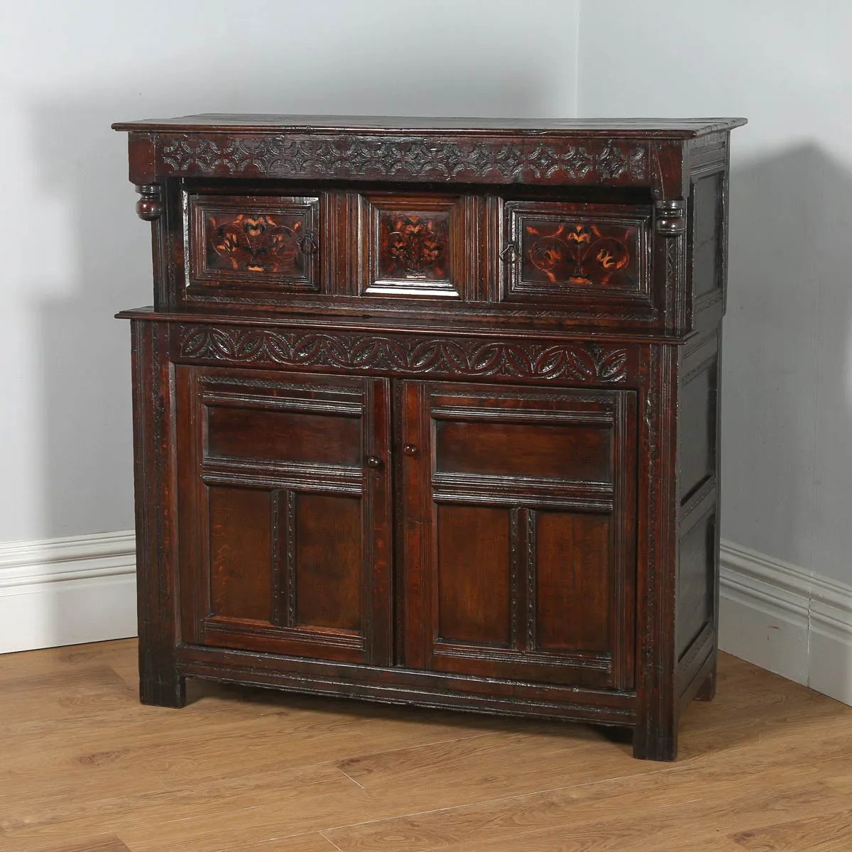 Antique Charles II Yorkshire Inlaid Marquetry Oak Court Cupboard (Circa