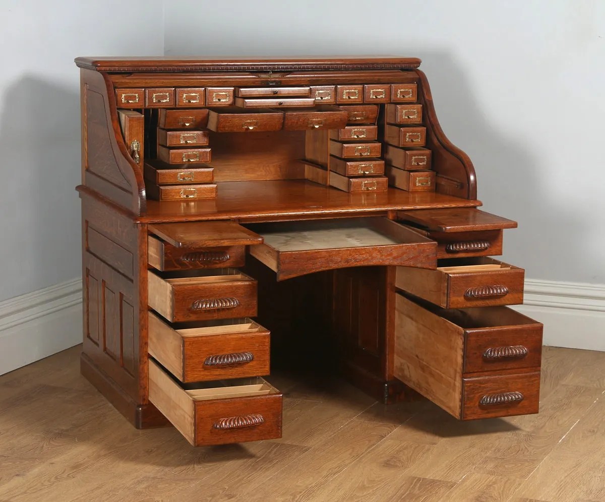 Antique English Victorian Oak Roll Top Pedestal Office Desk (Circa 1890) Yola Gray Antiques