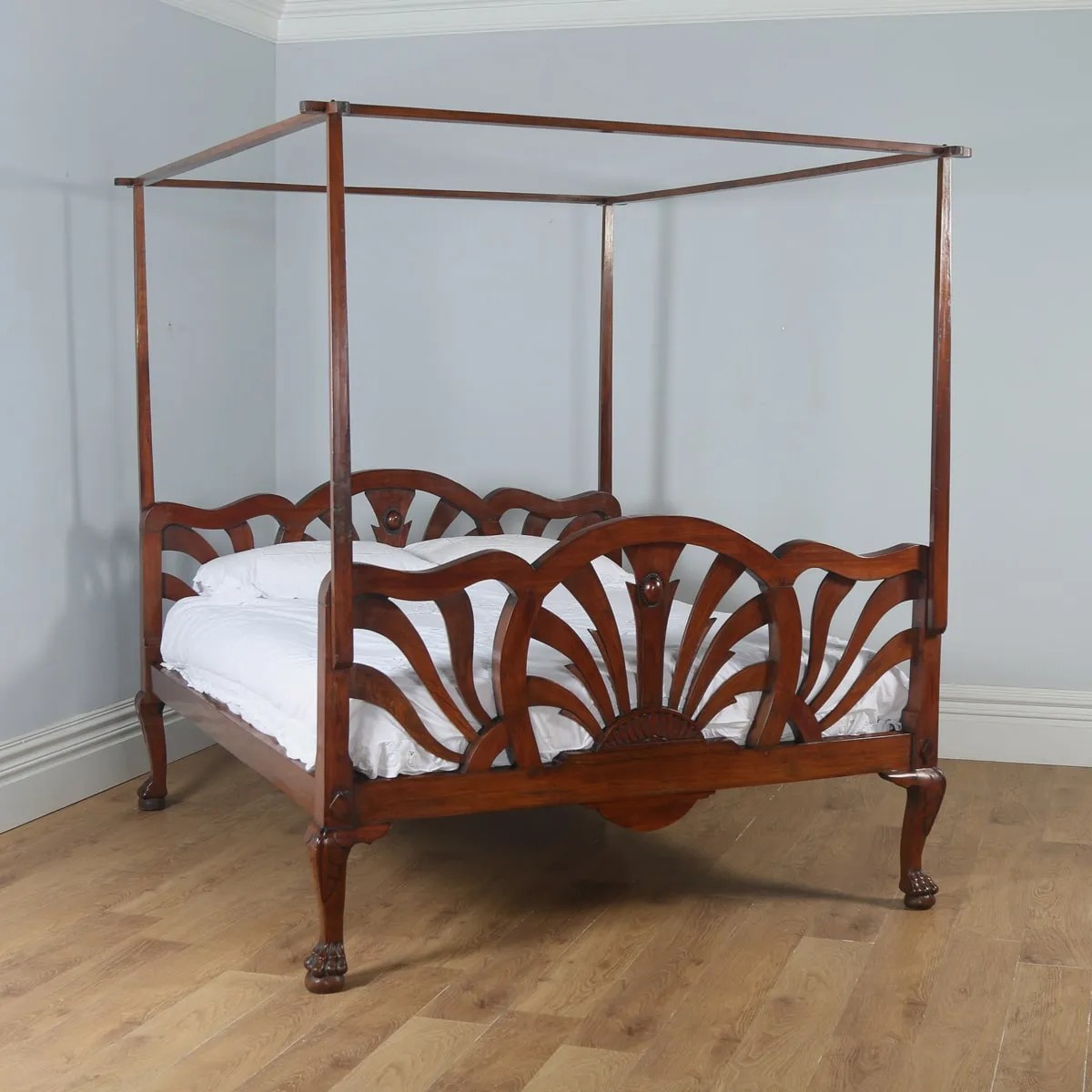 Antique 5ft King Size Art Deco Colonial Raj Mahogany Four Poster Bed