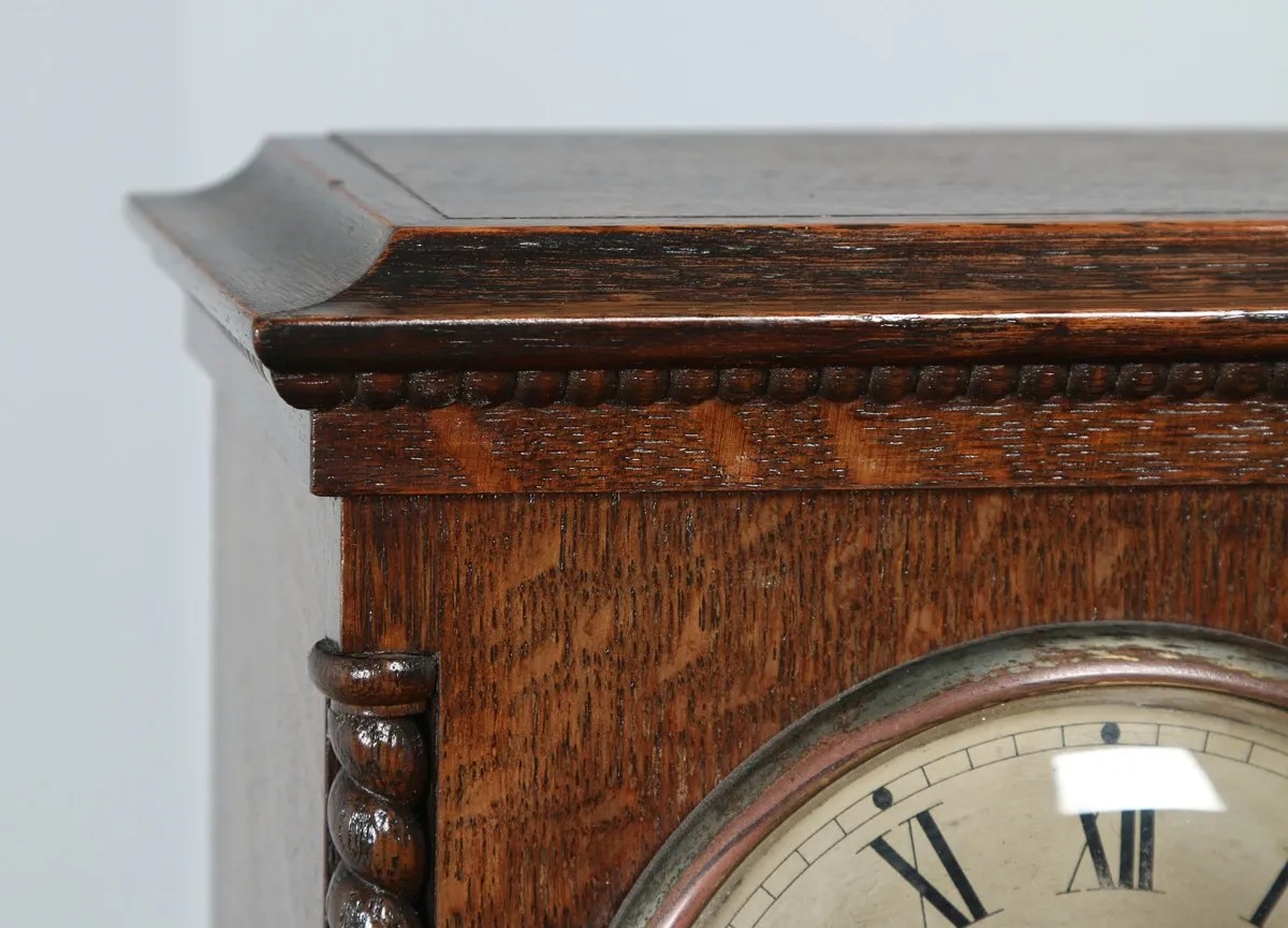 Antique 11½” German Gustav Becker Oak Round Dial Mantel Clock (Chiming