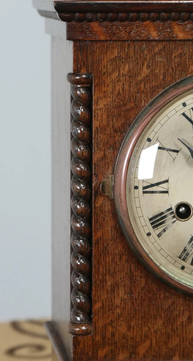 Antique 11½” German Gustav Becker Oak Round Dial Mantel Clock (Chiming