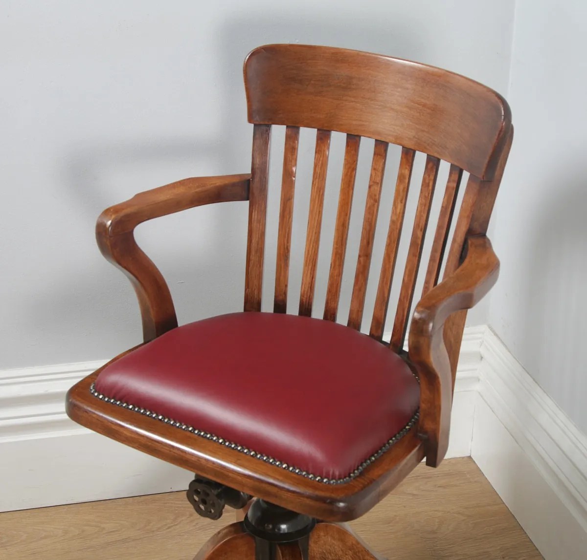 Antique English Edwardian Beech & Red Leather Revolving Office Desk Chair (Circa 1910) Yola