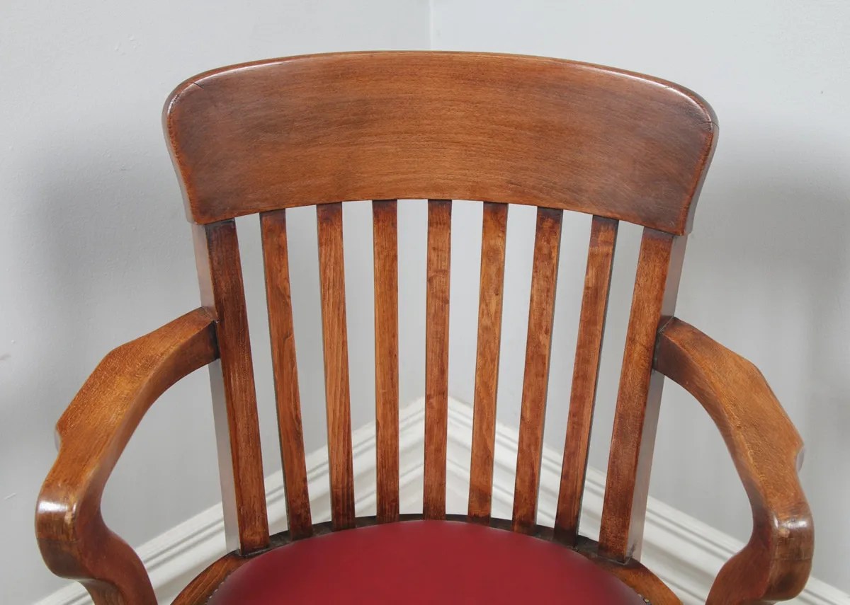 Antique English Edwardian Beech & Red Leather Revolving Office Desk Chair (Circa 1910) Yola