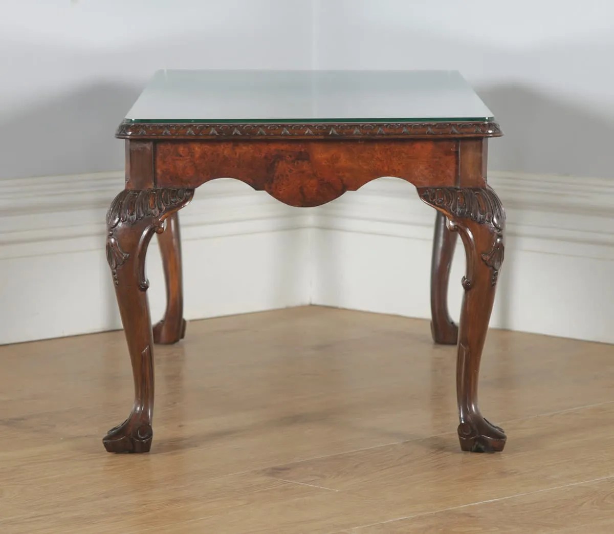 Antique Queen Anne Style Carved Burr Walnut & Glass Rectangular Coffee