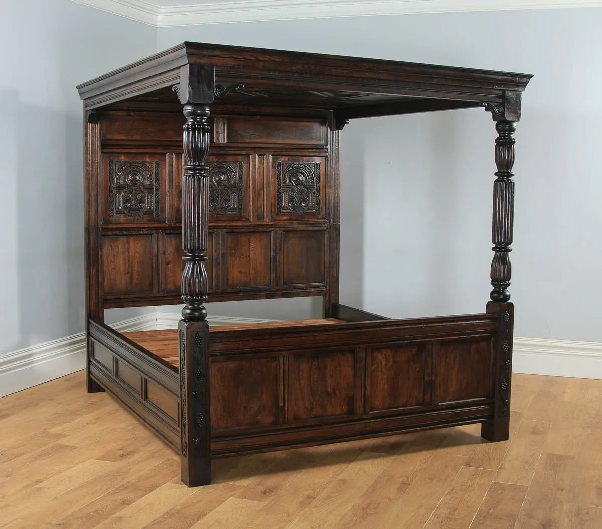 Four Poster Tudor Style Bed Oak Carved 6ft Wide Yola Gray Antiques