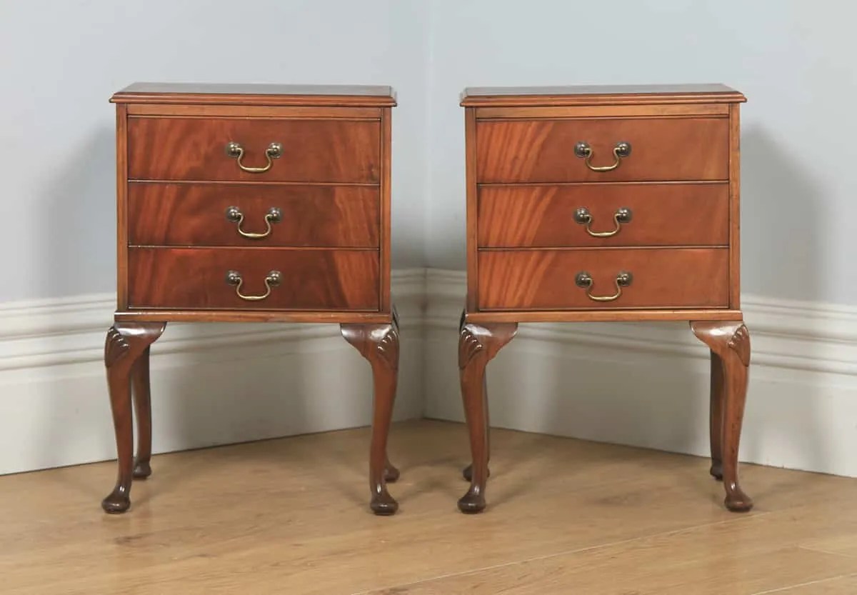 Queen Anne Style Bedside Tables Mahogany English Yola Gray Antiques