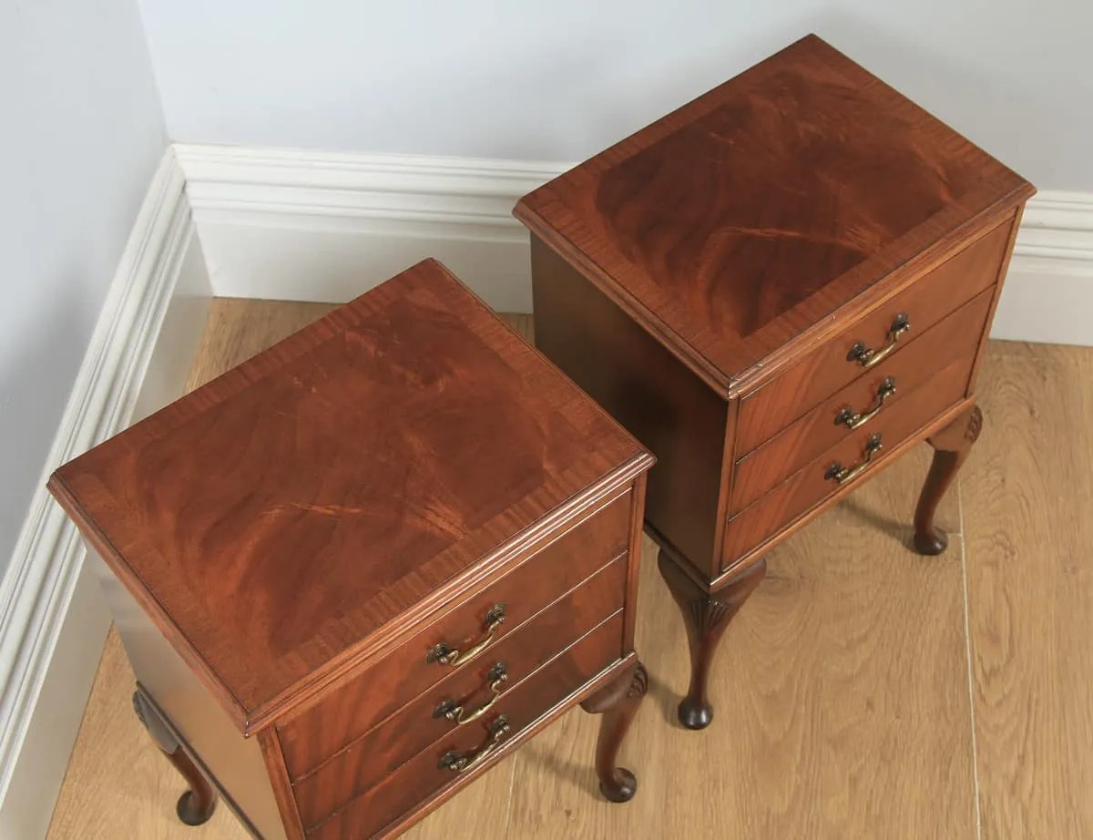 Queen Anne Style Bedside Tables Mahogany English Yola Gray Antiques