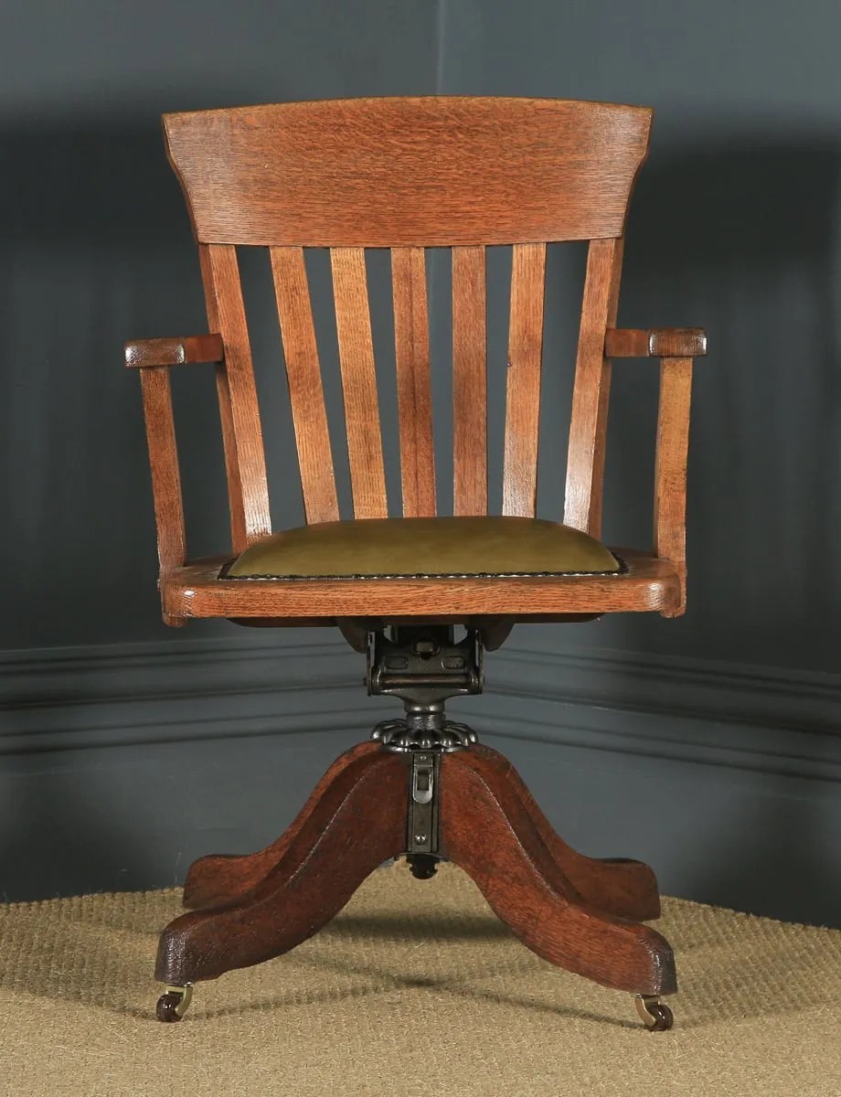 Edwardian Desk Chair Oak Leather Swivel American Yola Gray Antiques