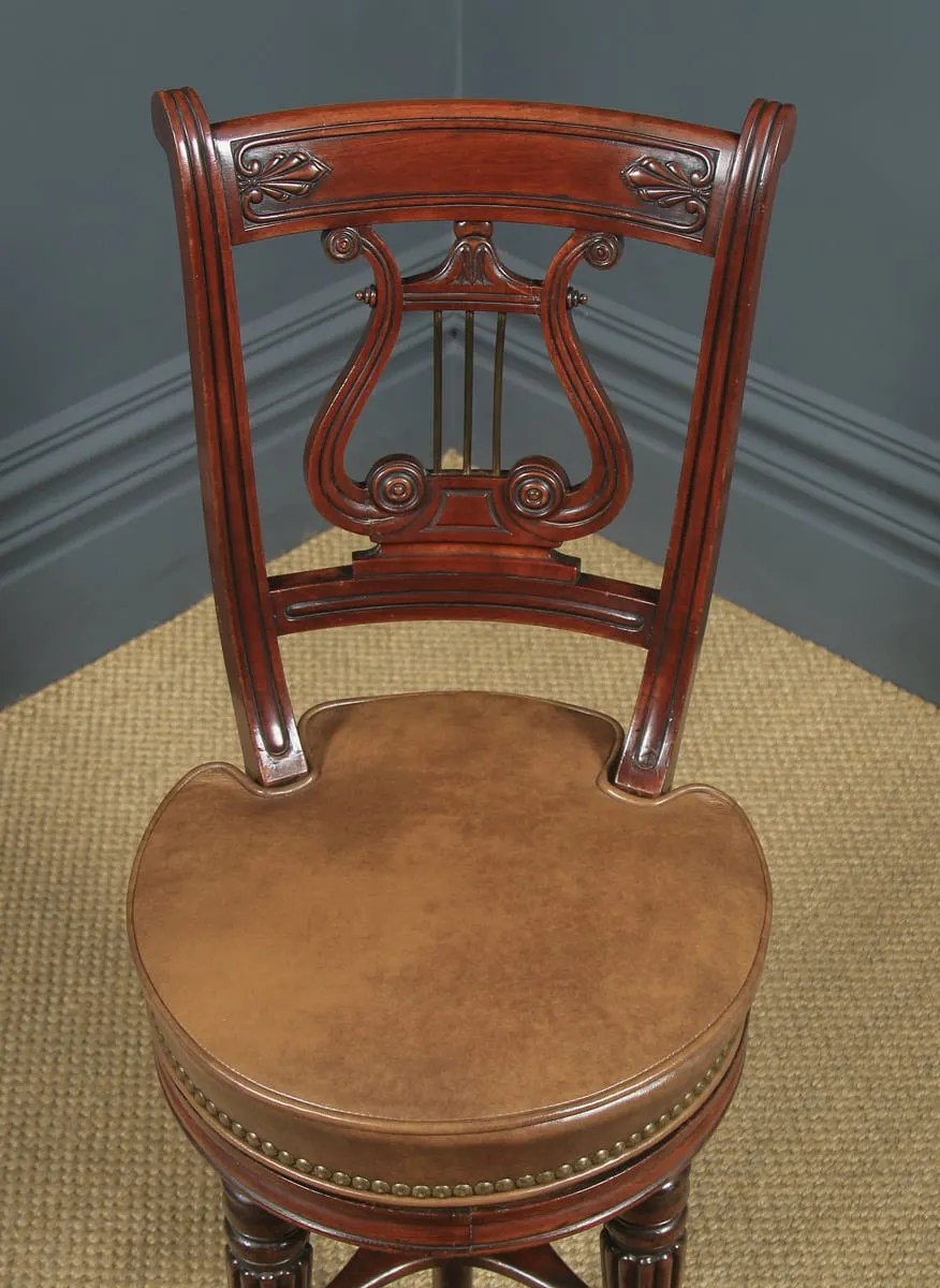 Harpist Chair Swivel Mahogany Leather Music Seat Yola Gray Antiques