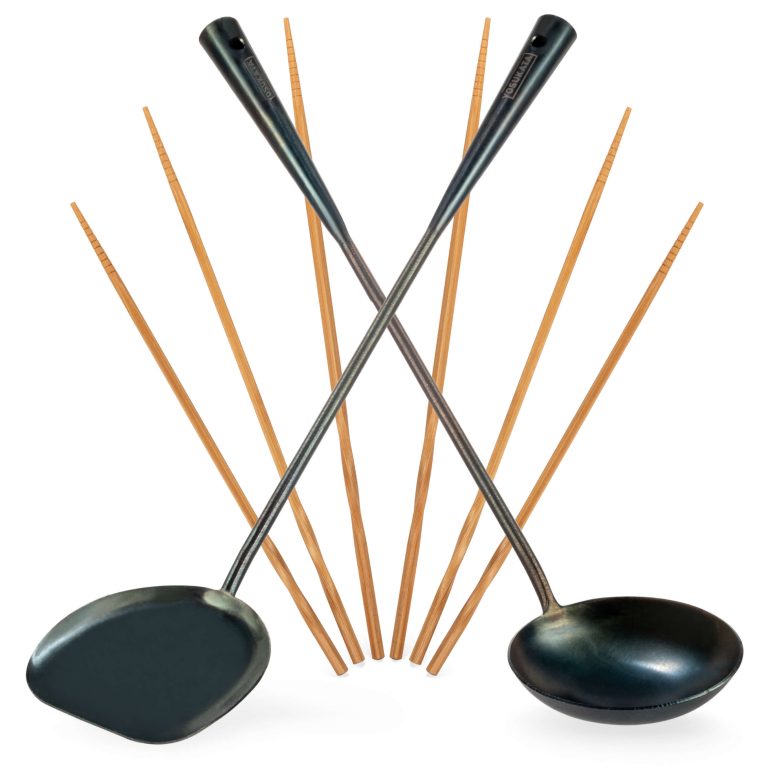 Utensils Set of 17inch Carbon Steel Wok Spatula, Ladle & Bamboo