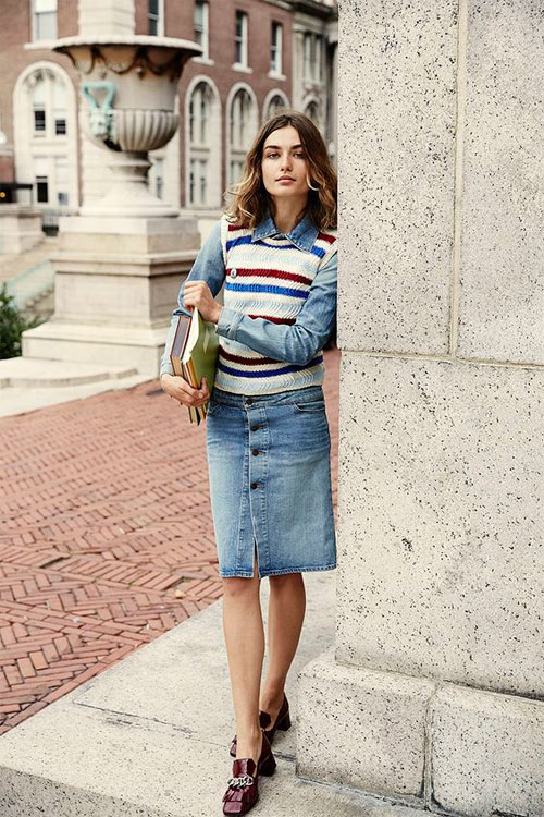 Ensemble Top, Sweater Vest & Denim Skirt YLF